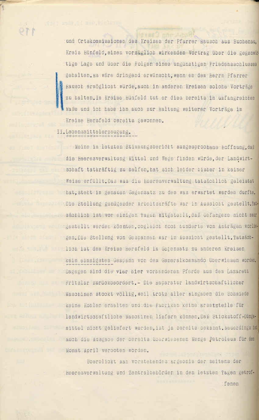 Stimmungsbericht des Landrats Hersfeld an den Regierungspräsidenten in Cassel, 19. März 1917