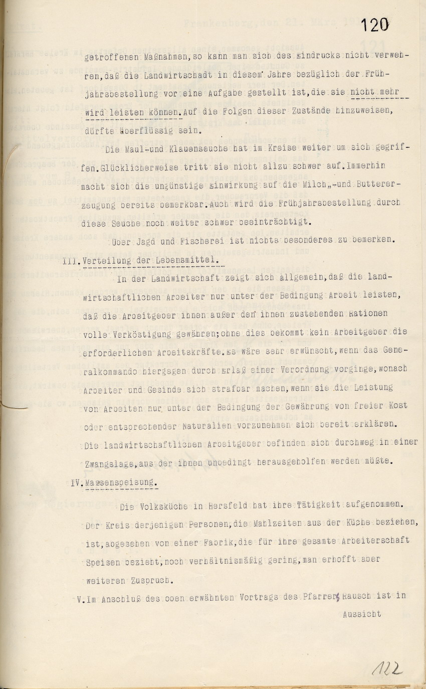 Stimmungsbericht des Landrats Hersfeld an den Regierungspräsidenten in Cassel, 19. März 1917