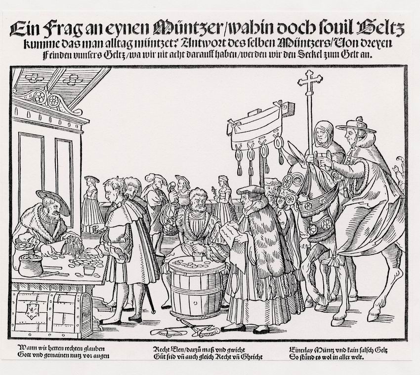Karikatur „Ein Frag an eynen Müntzer…“ von Jörg Breu d.Ä. (1475-1537) über den Verkauf der Ablassbriefe, um 1530