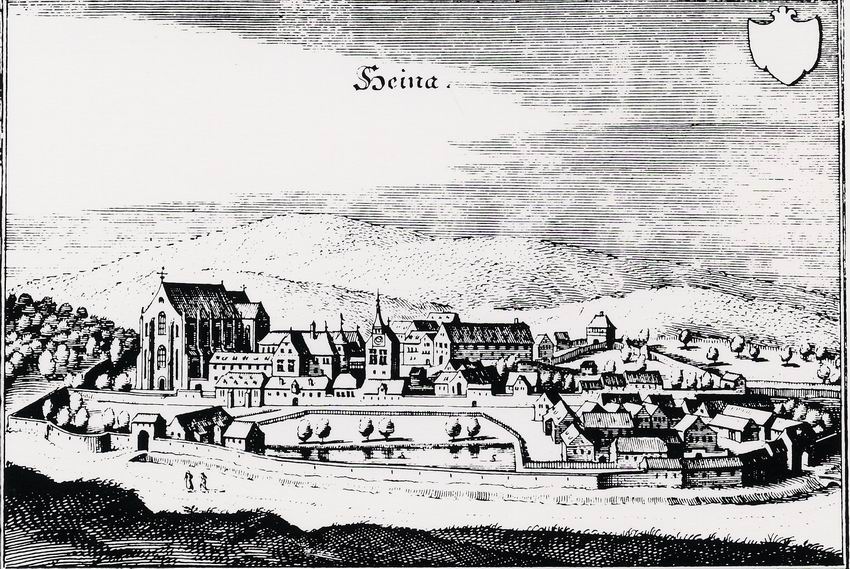 Ansicht des Klosters Haina (Kreis Waldeck-Frankenberg). Kupferstich aus Topographia Hassiae et Regionum Vicinarum von Matthaeus Merian, 1646