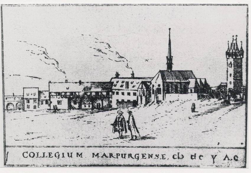 Ansicht des Marburger Collegiums. Kupferstich aus: Hessische Chronica von Wilhelm Dilich, 1605