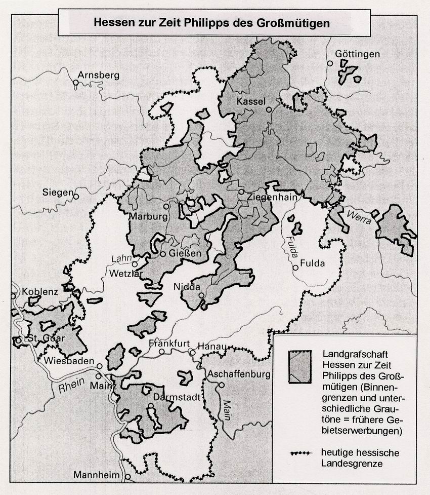 Karte der Landgrafschaft Hessen zur Zeit Landgraf Philipp des Großmütigen (1504-1567)