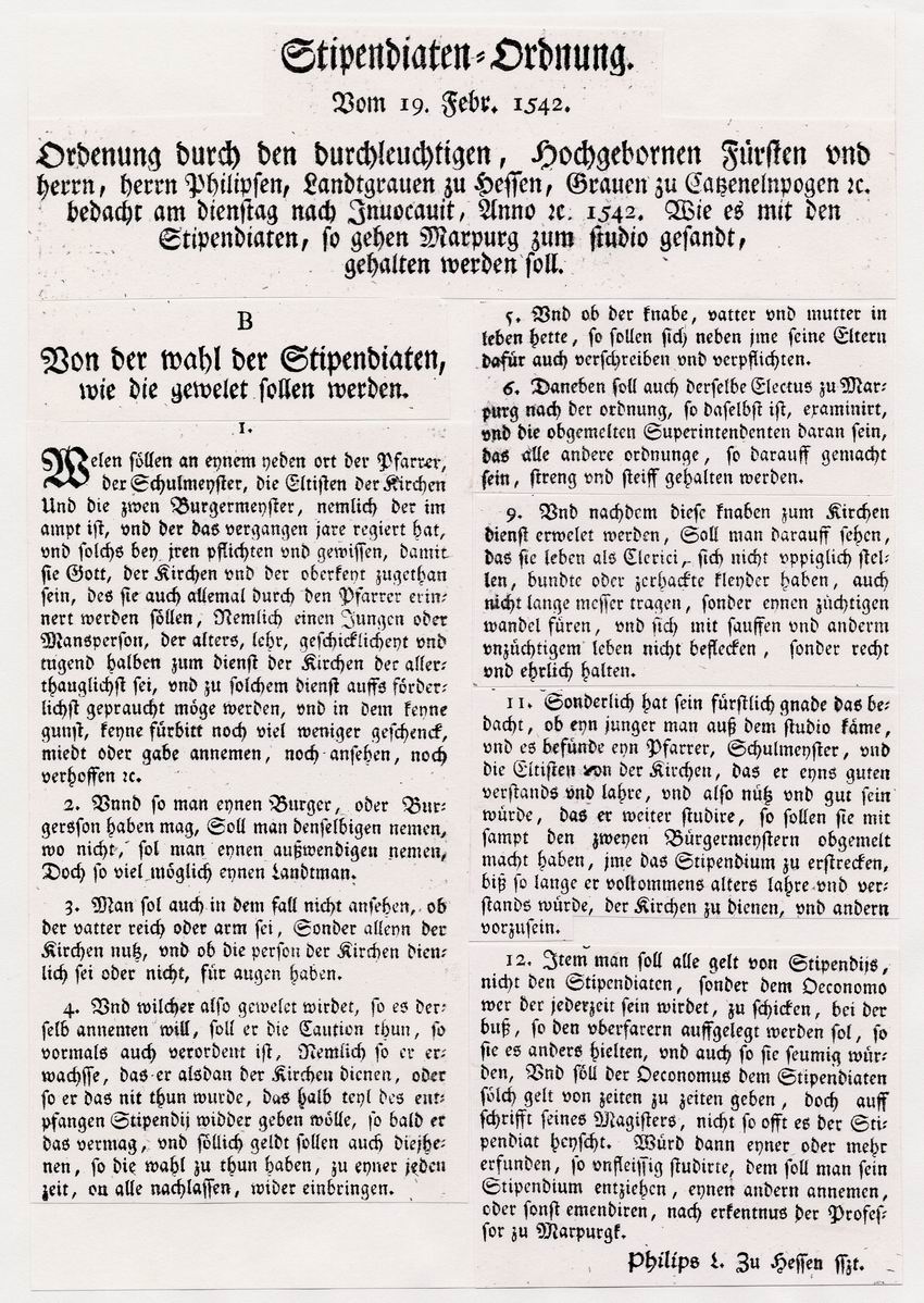 Auszug aus der Stipendiatenordnung des Landgrafen Philipp von Hessen (1504-1567) über die Finanzierung des Universitätsstudiums, 19. Februar 1542