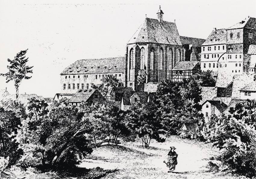 Ansicht des ehemaligen Dominikanerklosters mit Kirche in Marburg. Federzeichnung von Ferdinand Justi, 1880
