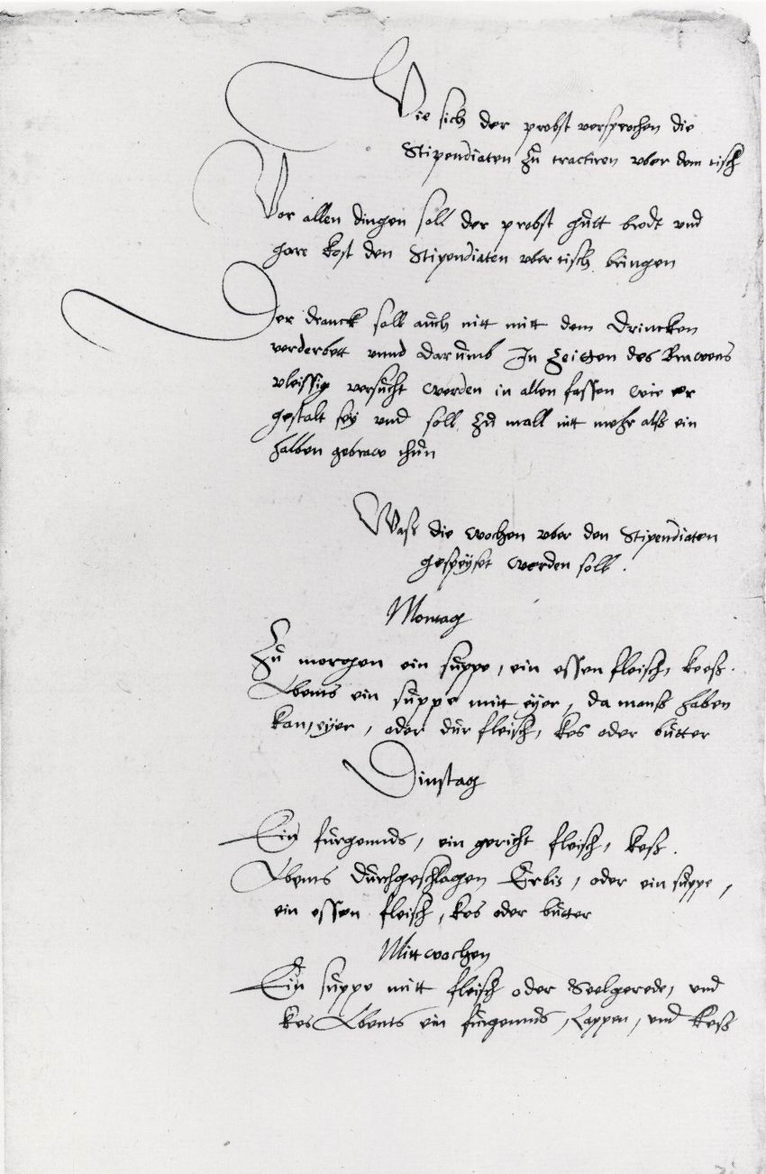 Speiseplan für die Stipendiaten der Universität Marburg für eine Woche, 1570