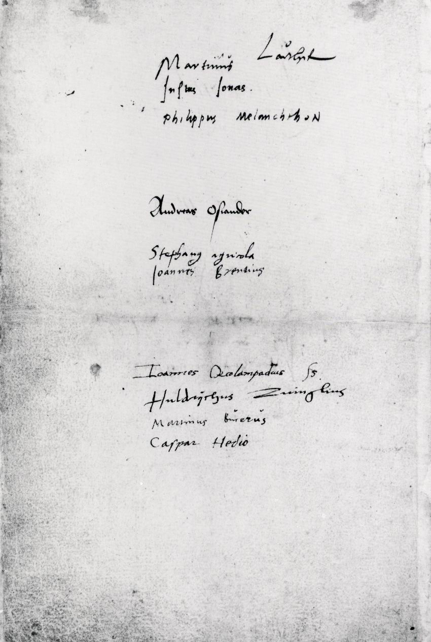 Auszug aus dem Protokoll des Marburger Religionsgesprächs. Erste und letzte Seite, 3. Oktober 1529