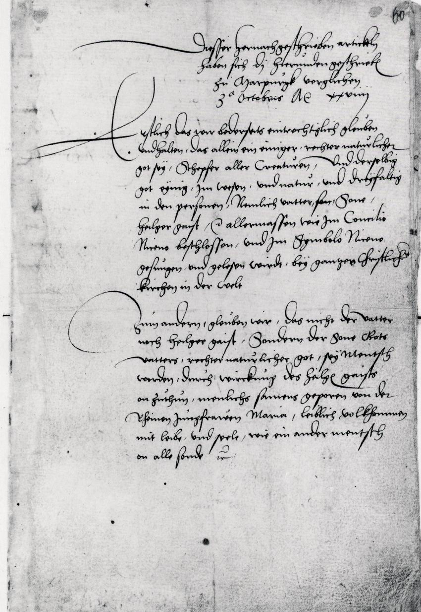 Auszug aus dem Protokoll des Marburger Religionsgesprächs. Erste und letzte Seite, 3. Oktober 1529