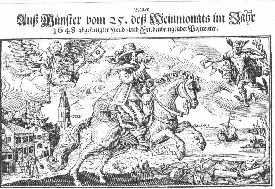 Flugblatt des Postreiters mit Verkündung des Westfälischen Friedensschlusses, 1648