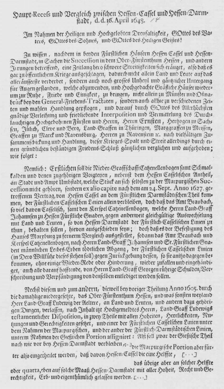 Auszug aus dem Friedensvertrag zu Münster über die Teilung der Landgrafschaft Hessen, 16. April 1643