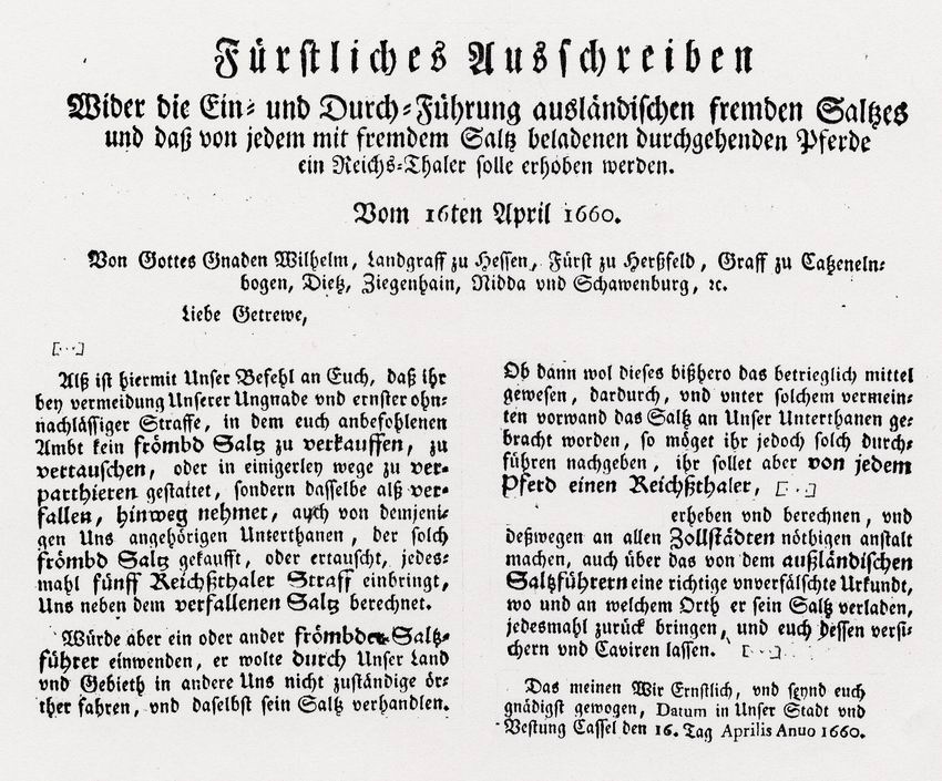 Fürstliches Ausschreiben des Landgrafen Wilhelm IV. (1629-1663) von Hessen über den Handel mit ausländischem Salz, 16. April 1660
