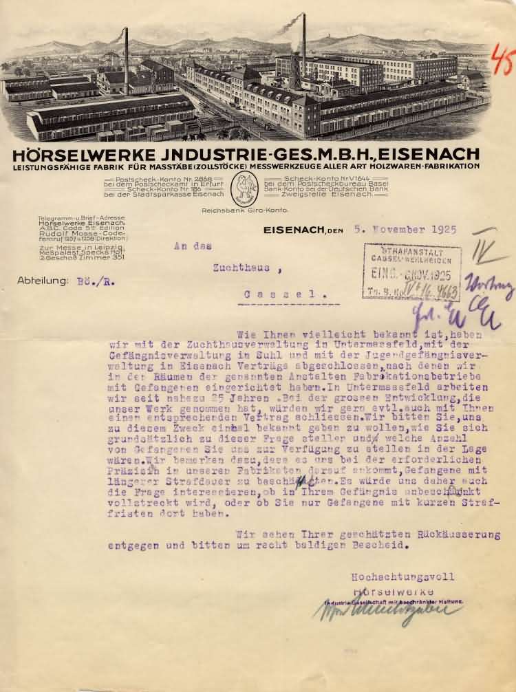 Korrespondenz der Strafanstalt Kassel-Wehlheiden mit a) der Schuhfabrik Pigge & Marquard in Hameln und b) den Hörselwerken in Eisenach