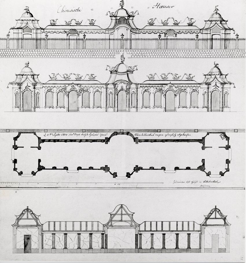 Aufriss- und Grundrisszeichnung für den Bau der „Chinesischen Häuser“ in Wilhelmsthal bei Kassel, um 1800