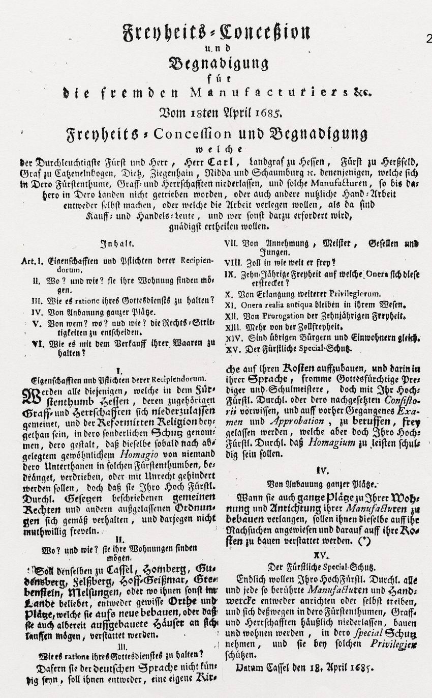 Freiheits-Konzession des Landgrafen Karl von Hessen für Glaubensflüchtlinge in bezug auf Glaubensfreiheit, Befreiung von Steuern und Zunftzwang, 18. April 1685
