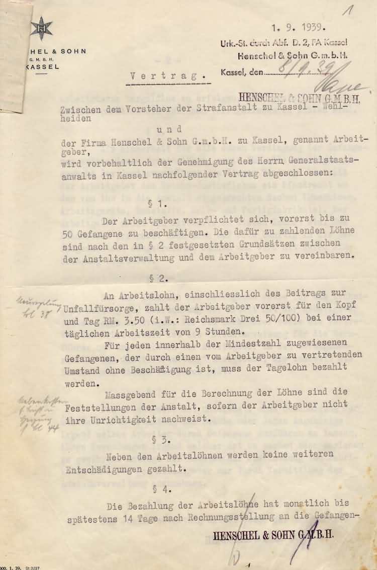 Vertrag zwischen der Strafanstalt Kassel-Wehlheiden und der Firma Henschel & Söhne GmbH über die Beschäftigung von Gefangenen