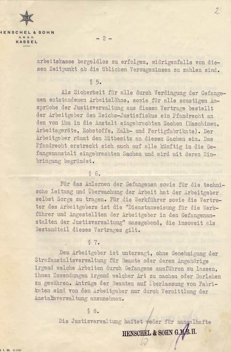 Vertrag zwischen der Strafanstalt Kassel-Wehlheiden und der Firma Henschel & Söhne GmbH über die Beschäftigung von Gefangenen
