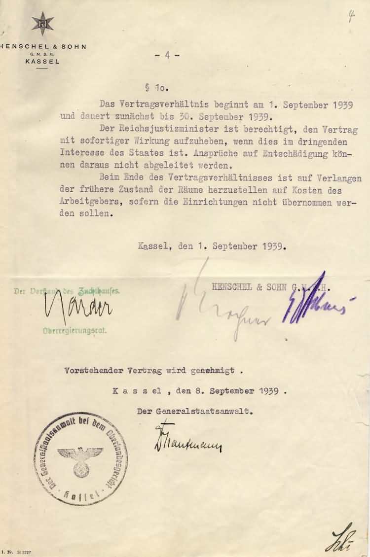 Vertrag zwischen der Strafanstalt Kassel-Wehlheiden und der Firma Henschel & Söhne GmbH über die Beschäftigung von Gefangenen
