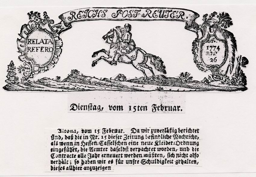 Aktenvermerk zu dem Zeitungsartikel des Altonaer „Reichs Post Reuters“ Nr. 15 vom 19. Januar 1773 über den Erlass einer Kleiderordnung in Hessen-Kassel und Gegendarstellung in Nr. 16, 15. Februar 1773