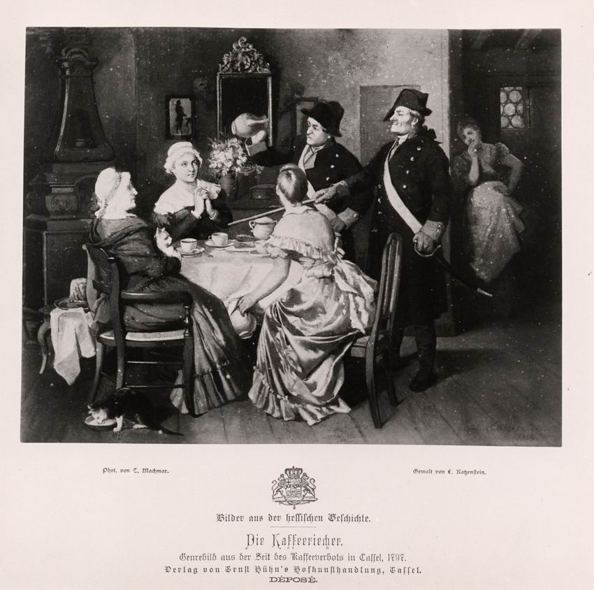 Genrebild: Die Kaffeeriecher aus der Zeit des Kaffeeverbots in Kassel 1797. Holzstich nach einem Gemälde von Louis Katzenstein (1822-1907), 1892