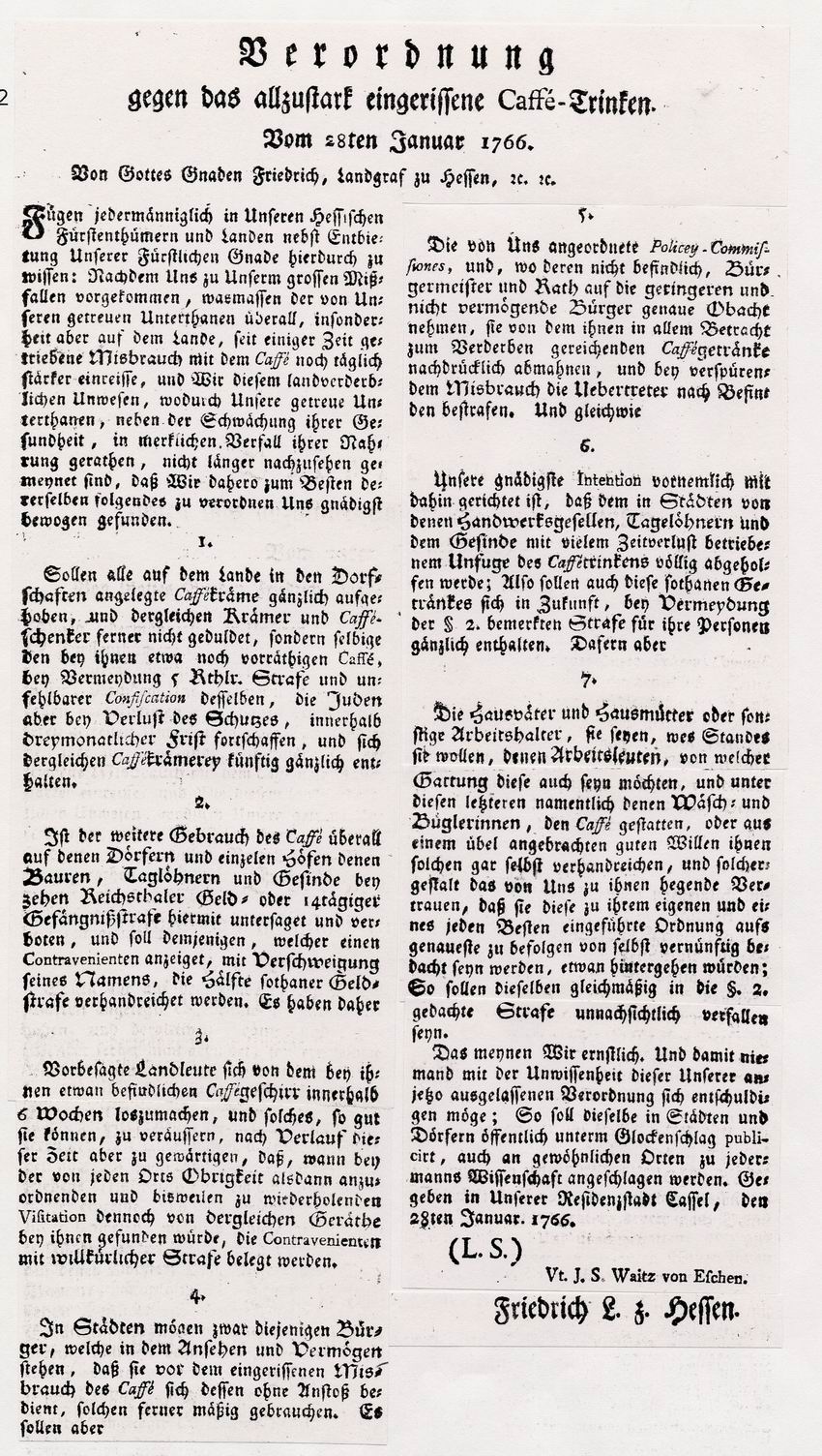 Verordnung des Landgrafen Friedrich II. von Hessen gegen das Kaffeetrinken, 28. Januar 1766