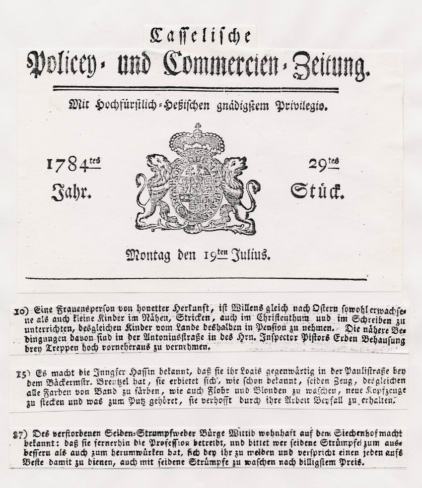 Anzeigen in der Casselischen Policey- und Commercien-Zeitung über Angebote selbständiger Erwerbsarbeit von Frauen, 19. Juli 1784