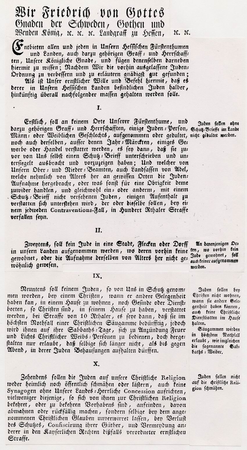 Auszüge aus der neuen Judenordnung des Landgrafen Friedrich I. von Hessen über Lebens- und Arbeitsbedingungen von Juden in Kassel, 1749