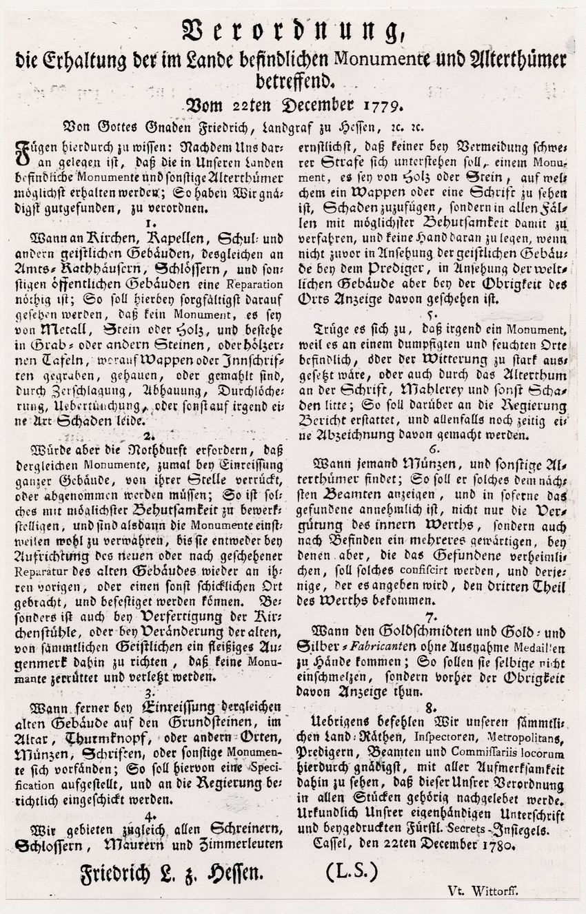 Verordnung des Landgrafen Friedrich I. von Hessen über die Erhaltung der im Lande befindlichen Monumente und Altertümer, 22. Dezember 1779