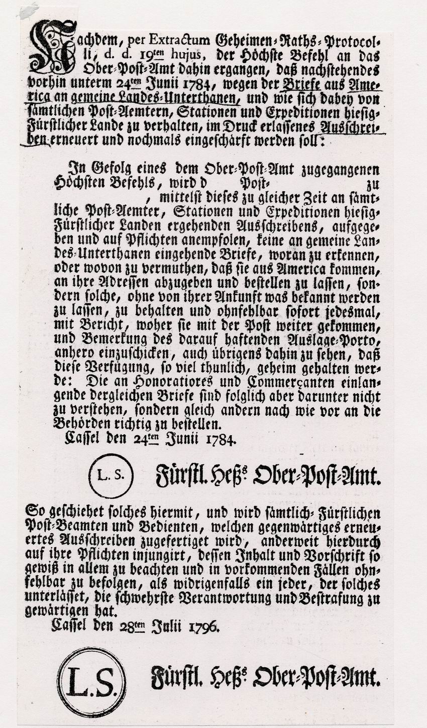 Ausschreiben vom 24. Juni 1784 und Erneuerung vom 28. Juli 1796 über das Verbot der Zustellung von Post aus Amerika, 1784 und 1796