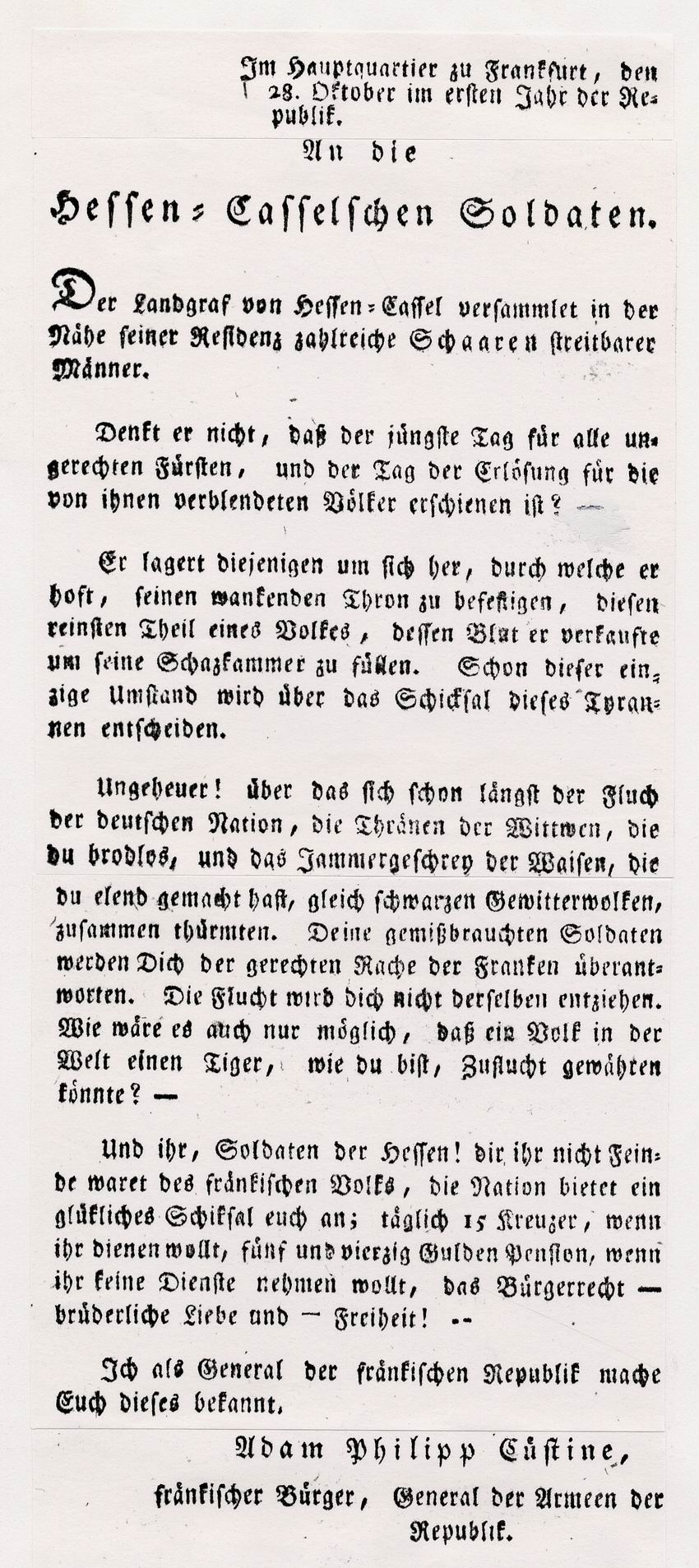 Manifest des französischen Generals Adam Philipp Custiné an die hessischen Soldaten mit Aufruf zur Abwerbung und Versprechen der Bürgerrechte, 28. Oktober 1792