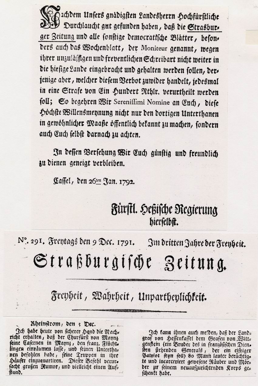 Ausschreiben der Fürstlich Hessischen Regierung Kassel mit Verbot der Straßburgischen Zeitung und sonstiger demokratischer Zeitungen, 26. Januar 1792