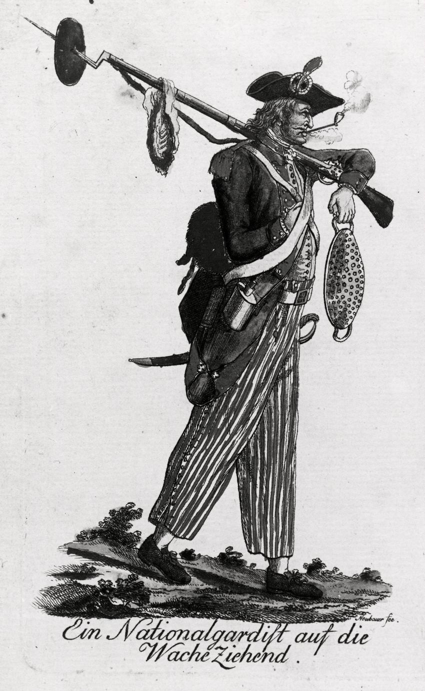 Karikatur: Ein Nationalgardist auf die Wache ziehend, zur Einnahme Frankfurts durch die Franzosen, 1793