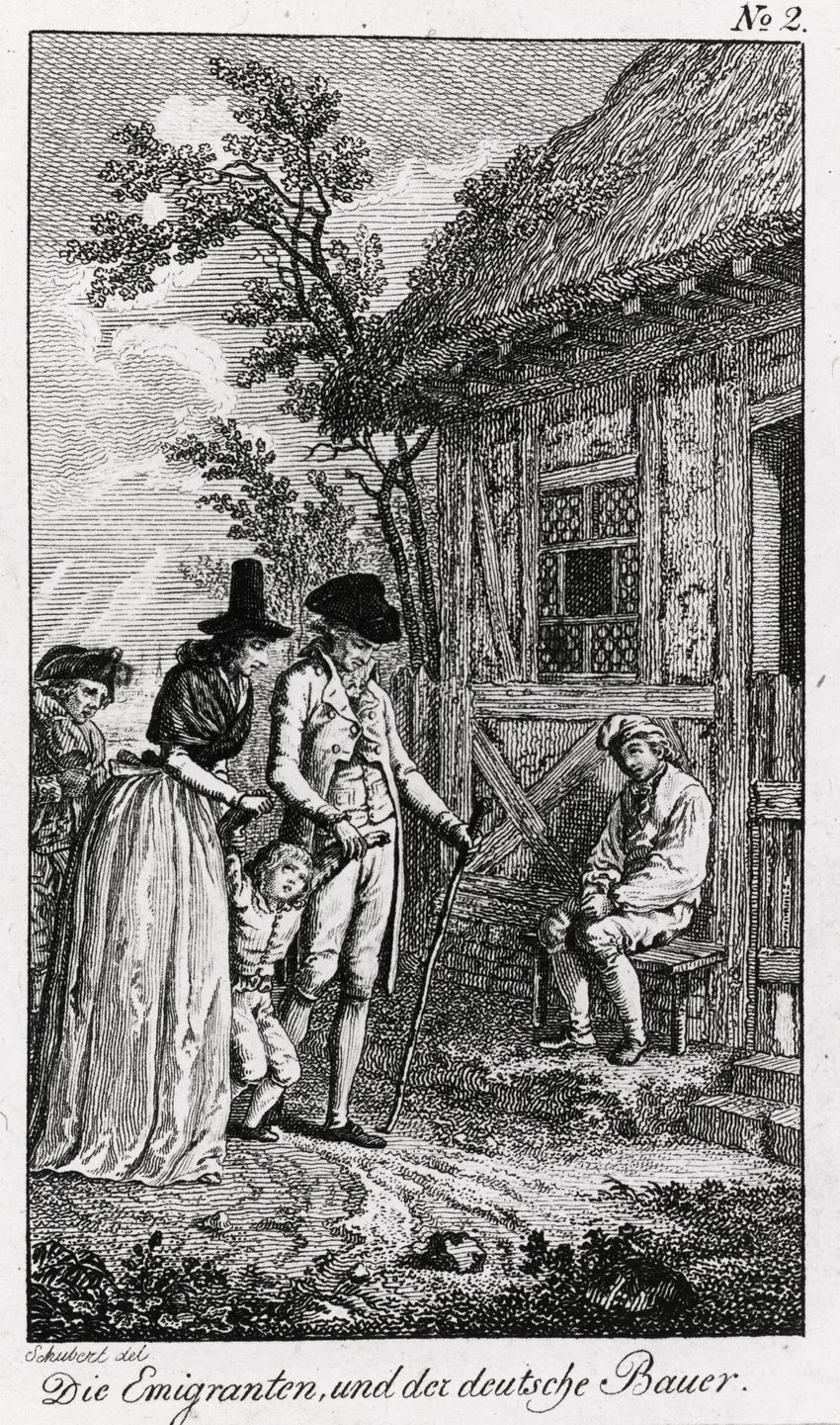 Abbildung: Die Emigranten und der deutsche Bauer. Kupferstich