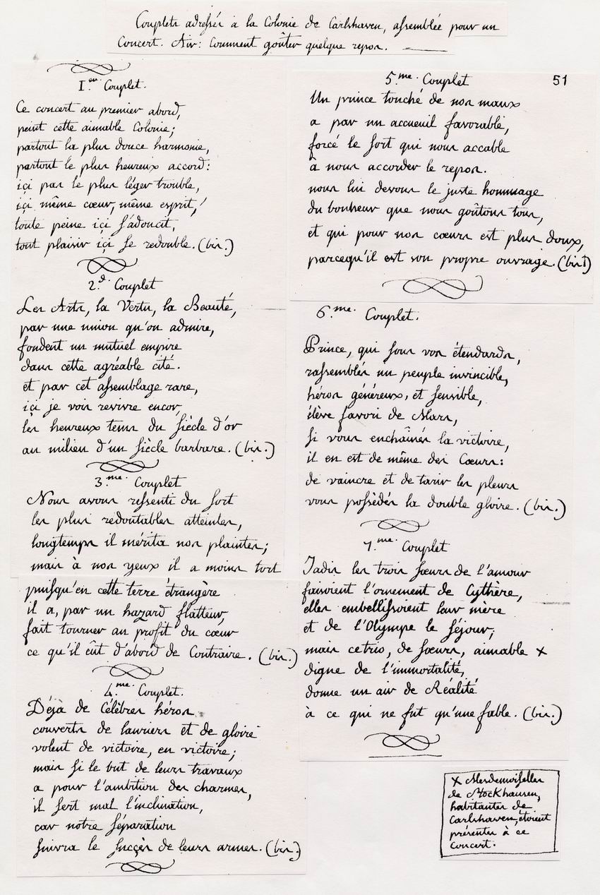 Handschrift und Übersetzung eines französischen Liedes, das der Hugenotten-Kolonie von Karlshafen gewidmet ist.