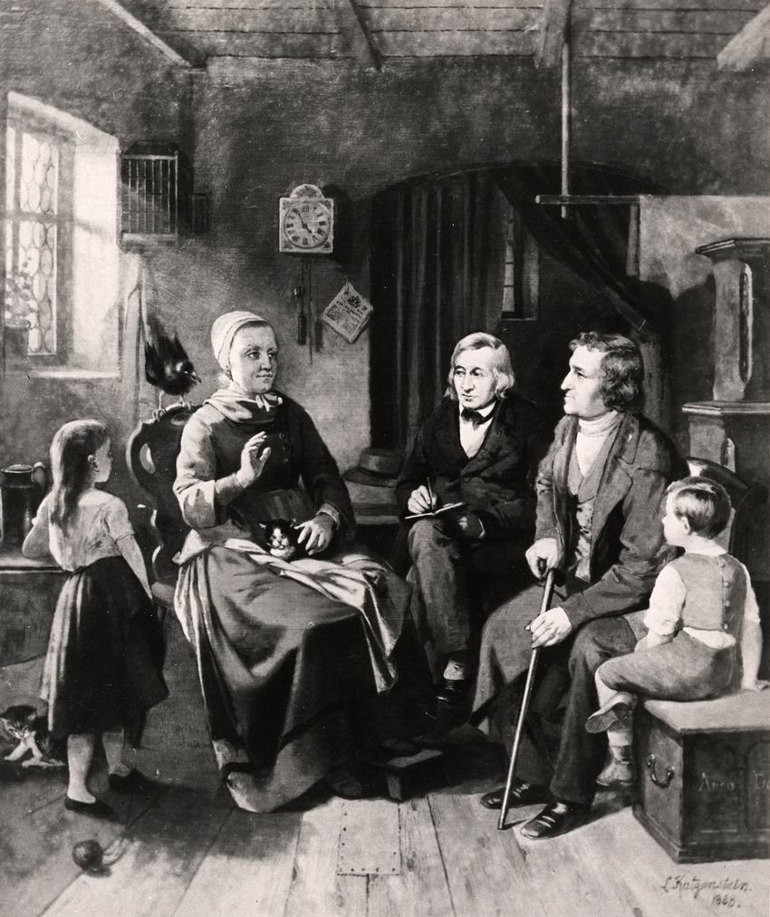 Genrebild über den Besuch der Brüder Jacob und Wilhelm Grimm bei der Märchenerzählerin Dorothea Viehmann in Niederzwehren bei Kassel von Louis Katzenstein (1822-1907)