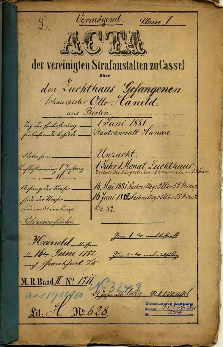 Gefangenenpersonalakte des Schauspielers Otto Hanold