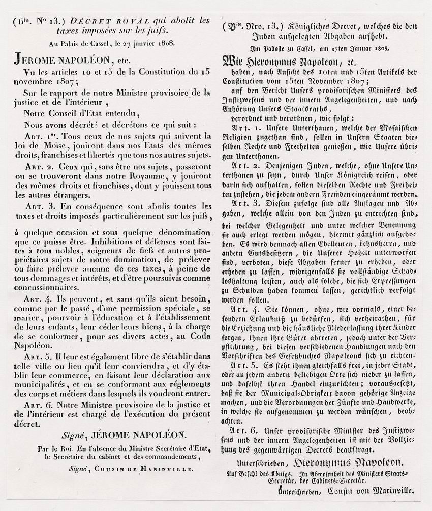 Dekret des Königs Jerome Napoleon von Westphalen zur Emanzipation der Juden, 27. Januar 1808