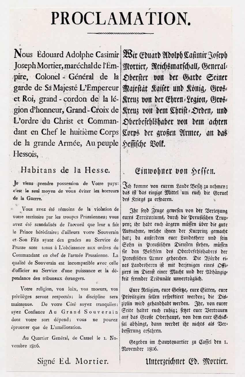 Proklamation des Königreichs Westfalen durch Reichsmarschall Eduard Mortier, 1. November 1806