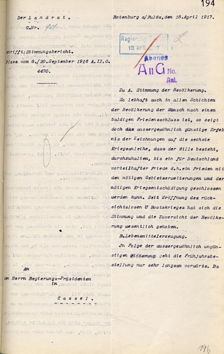 Stimmungsbericht des Landrats Rotenburg a.d. Fulda an den Regierungspräsidenten in Cassel, betr. Friedensschluß und uneingeschränkter U-Boot-Krieg, 18. April 1917