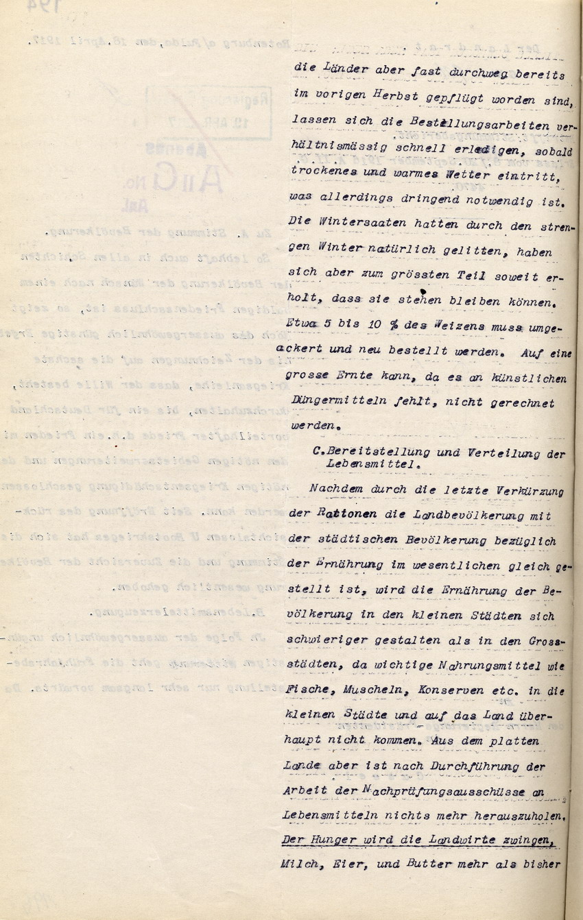 Stimmungsbericht des Landrats Rotenburg a.d. Fulda an den Regierungspräsidenten in Cassel, betr. Friedensschluß und uneingeschränkter U-Boot-Krieg, 18. April 1917