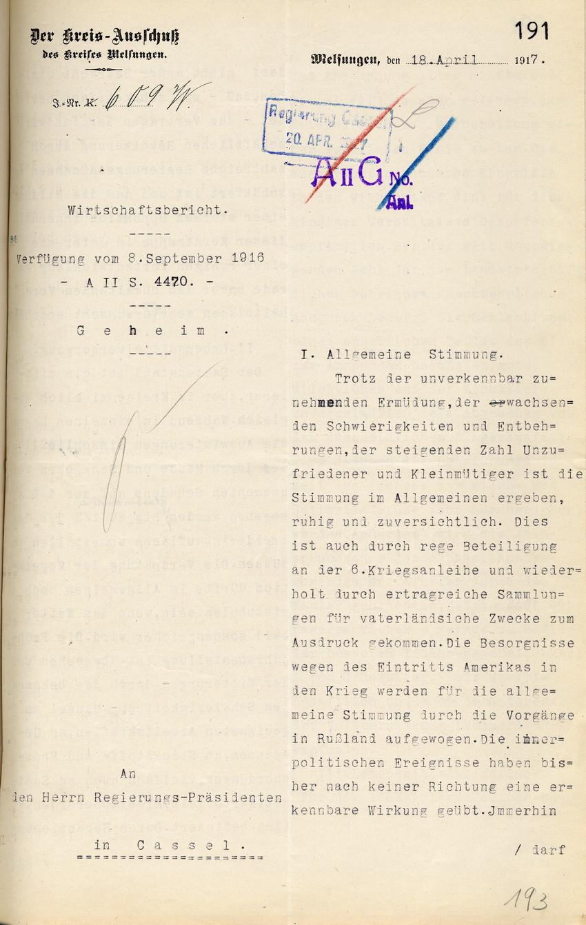 Stimmungsbericht des Kreis-Ausschusses des Kreises Melsungen  an den Regierungspräsidenten in Cassel, betr. Kriegseintritt Amerikas und Vorgänge in Rußland, 18. April 1917