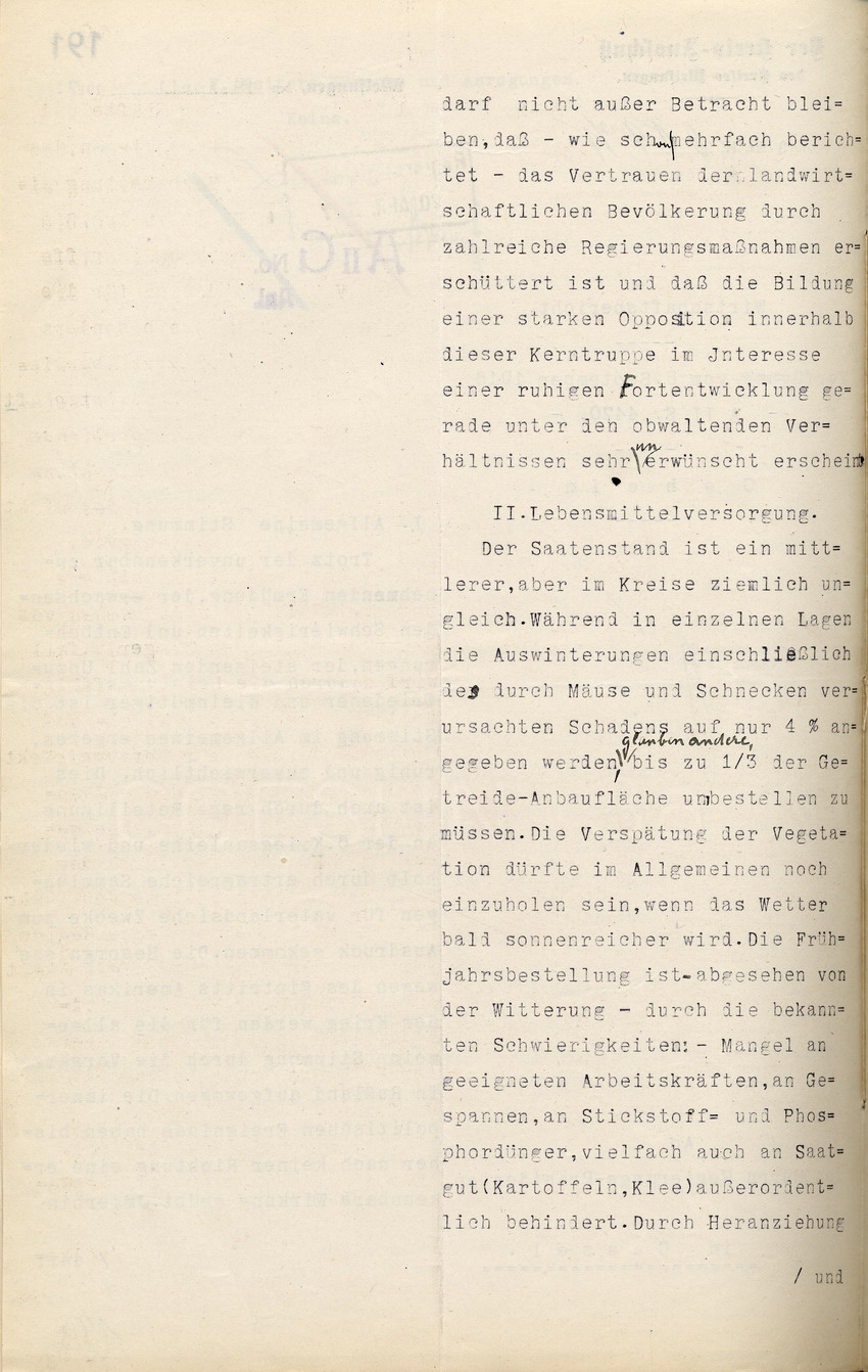 Stimmungsbericht des Kreis-Ausschusses des Kreises Melsungen  an den Regierungspräsidenten in Cassel, betr. Kriegseintritt Amerikas und Vorgänge in Rußland, 18. April 1917
