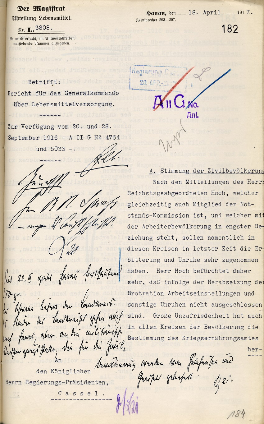 Stimmungsbericht des Magistrats der Stadt Hanau  an den Regierungspräsidenten in Cassel, betr. drohende Unruhen in der Arbeiterbevölkerung, 18. April 1917