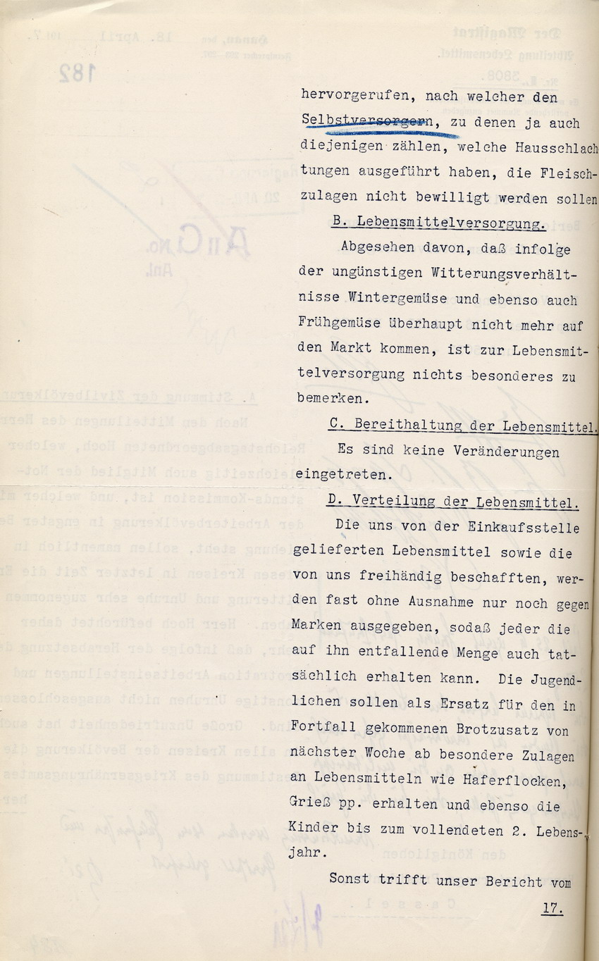 Stimmungsbericht des Magistrats der Stadt Hanau  an den Regierungspräsidenten in Cassel, betr. drohende Unruhen in der Arbeiterbevölkerung, 18. April 1917