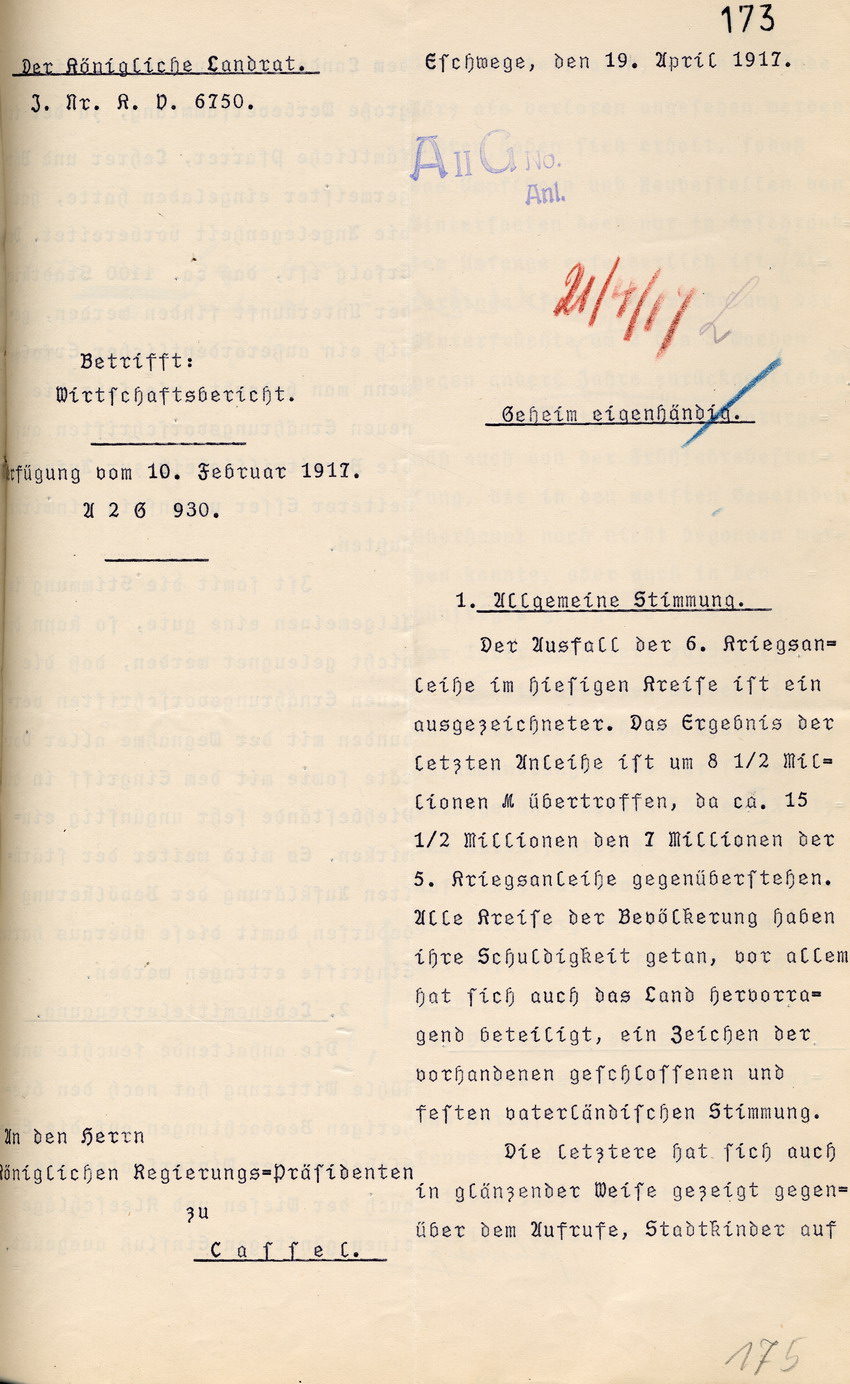 Stimmungsbericht des Kgl. Landrats Eschwege an den Regierungspräsidenten in Cassel, 19. April 1917