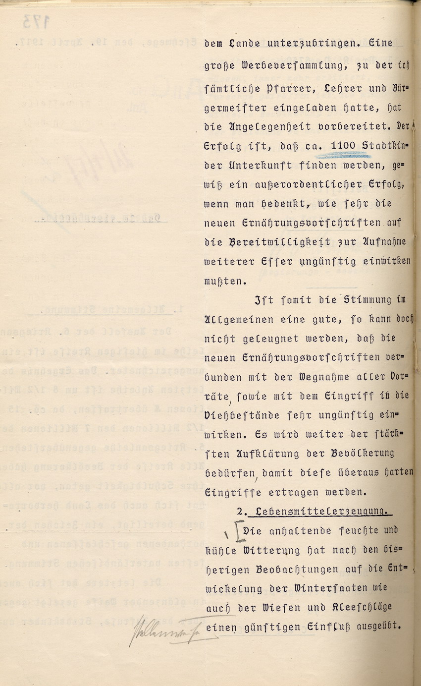 Stimmungsbericht des Kgl. Landrats Eschwege an den Regierungspräsidenten in Cassel, 19. April 1917