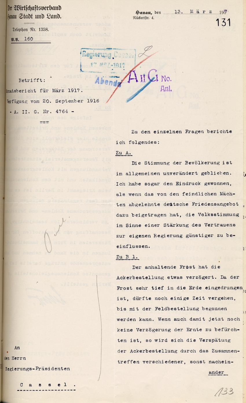 Stimmungsbericht des Wirtschaftsverbandes Hanau Stadt und Land  an den Regierungspräsidenten in Cassel, 13. März 1917