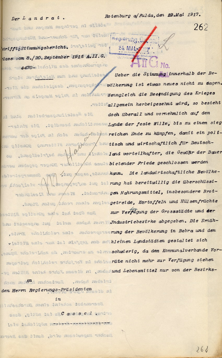 Stimmungsbericht des Landrats Rotenburg a.d. Fulda an den Regierungspräsidenten in Cassel, allgemeines  Herbeisehnen der Beendigung des Krieges, 29. Mai 1917
