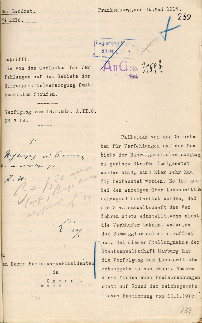 Stimmungsbericht des Landrats Frankenberg an den Regierungspräsidenten in Cassel, betr. die von den Gerichten für Verfehlungen auf dem Gebiete der Nahrungsmittelversorgung festgesetzten Strafen, 19. Mai 1917