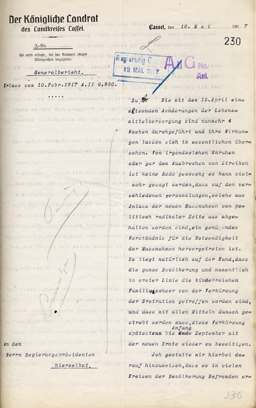 Generalbericht des Kgl. Landrats des Landkreises Kassel an den Regierungspräsidenten in Cassel, betr. Ausbrechen von Streiks usw., Kritik an kontraproduktiver Kriegspropaganda und Pressezensur, 18. Mai 1917