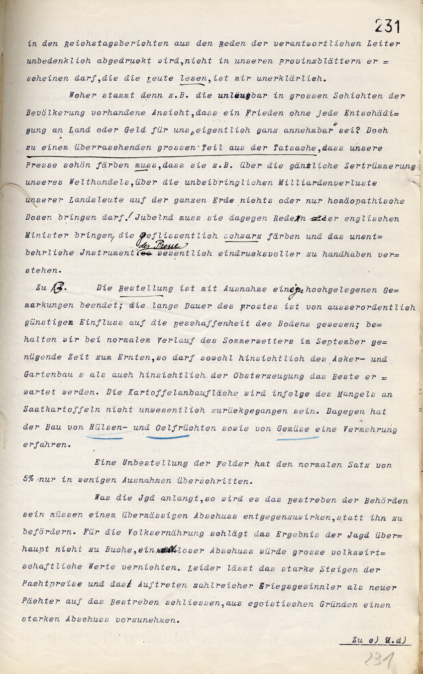 Generalbericht des Kgl. Landrats des Landkreises Kassel an den Regierungspräsidenten in Cassel, betr. Ausbrechen von Streiks usw., Kritik an kontraproduktiver Kriegspropaganda und Pressezensur, 18. Mai 1917