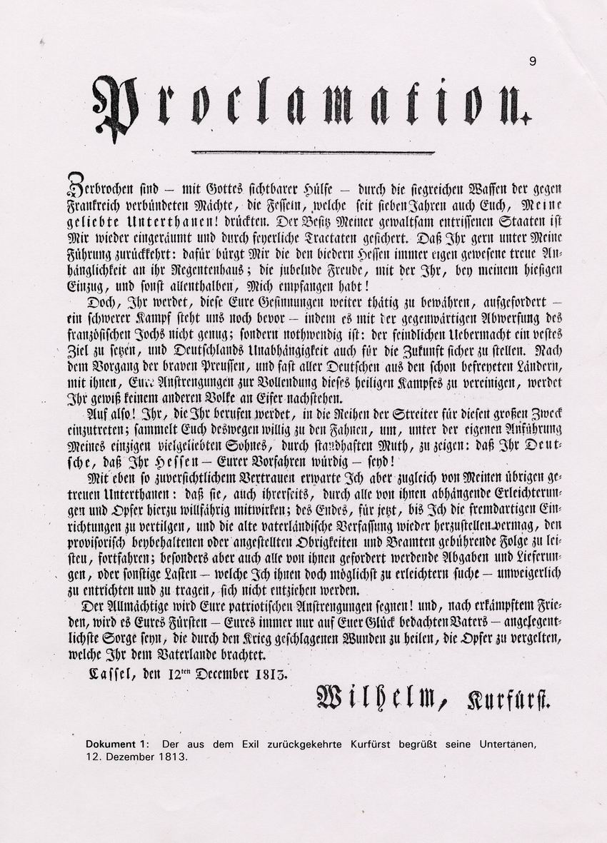 Proklamation des Kurfürsten Wilhelm I. (1743-1821) anlässlich seiner Rückkehr aus dem Exil, 12. Dezember 1813